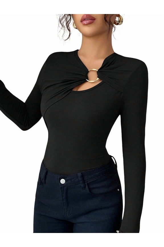 Women's Metal Ring Long Sleeve Asymmetrical Neck T Shirt Slim Fit Ruched Going Out Tops