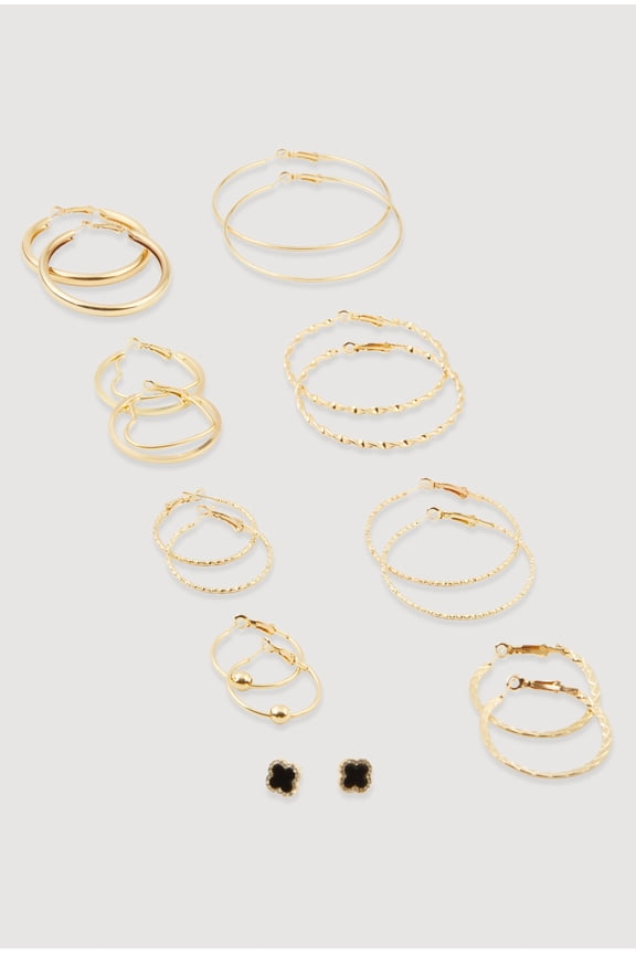 Women's Metallic Assorted Hoop and Rhinestone Stud Earrings Set of 9