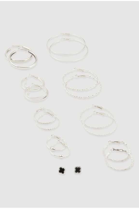 Women's Metallic Assorted Hoop and Rhinestone Stud Earrings Set of 9