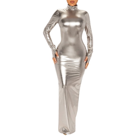 Women's Metallic Backless Bodycon Leather Dress - Sexy Slim Fit, Club Party, Leather Skirt