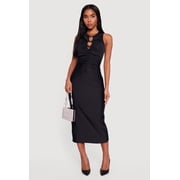 Womens Metallic Bead Detail Ruched Front Midi Dress