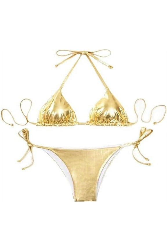 Women's Metallic Bikini Halter Top Two Piece Swimsuit Tie Side Triangle Bikini with Padded Gold Large