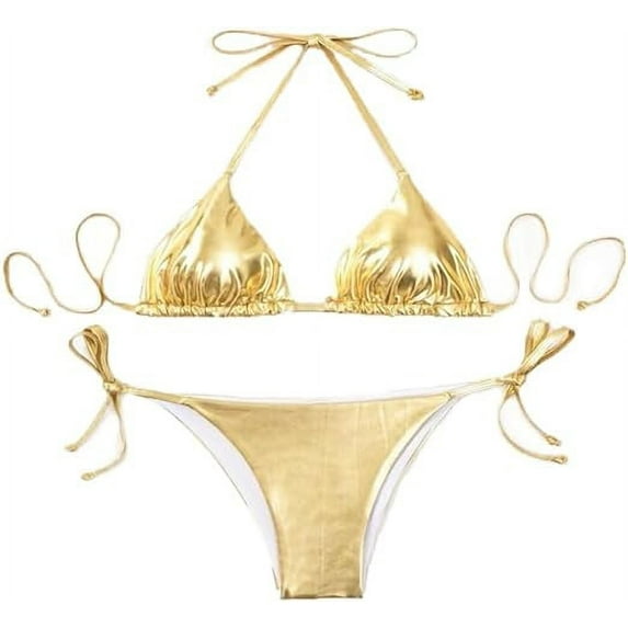 Women's Metallic Bikini Halter Top Two Piece Swimsuit Tie Side Triangle Bikini with Padded Gold Small
