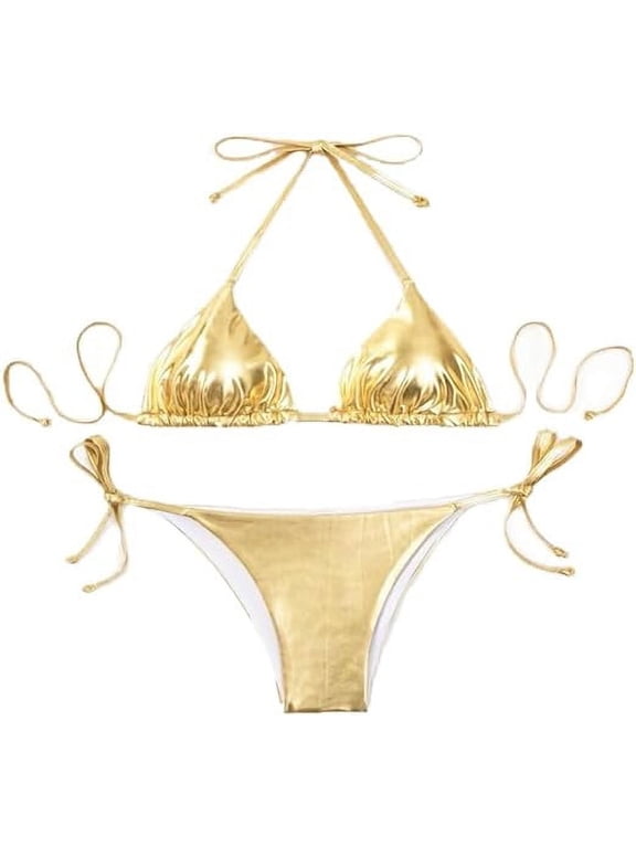 Women's Metallic Bikini Halter Top Two Piece Swimsuit Tie Side Triangle Bikini with Padded Gold Small