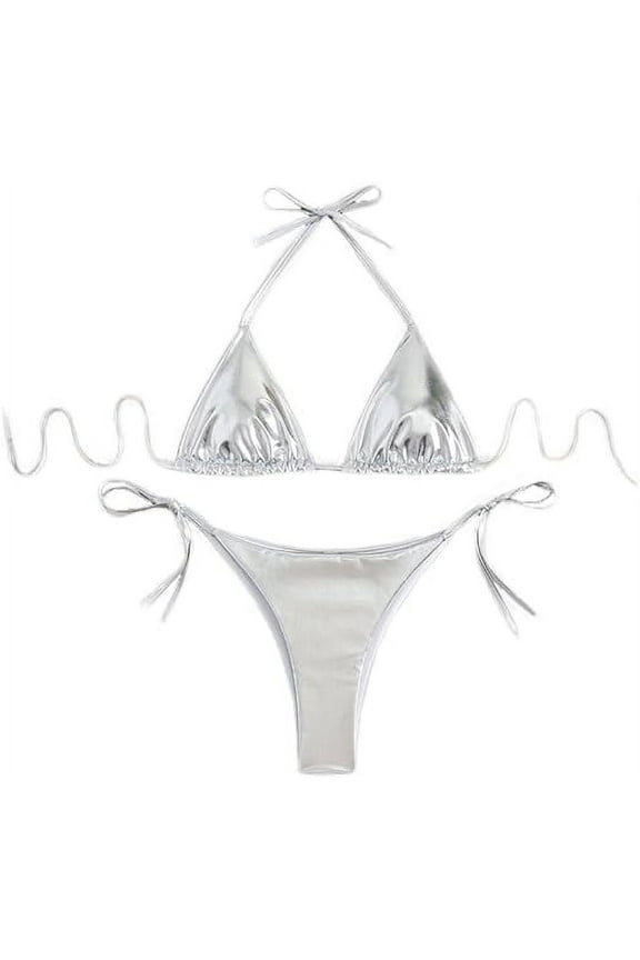 Women's Metallic Bikini Halter Top Two Piece Swimsuit Tie Side Triangle Bikini with Padded Silver Small