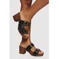 thumbnail image 1 of Women's Metallic Buckle Double Banded Open Toe Block Heels, 1 of 3