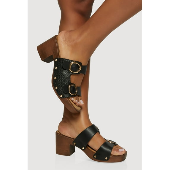 Women's Metallic Buckle Double Banded Open Toe Block Heels