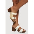 thumbnail image 1 of Women's Metallic Buckle Double Banded Open Toe Block Heels, 1 of 3