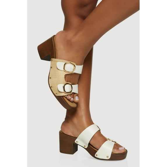 Women's Metallic Buckle Double Banded Open Toe Block Heels