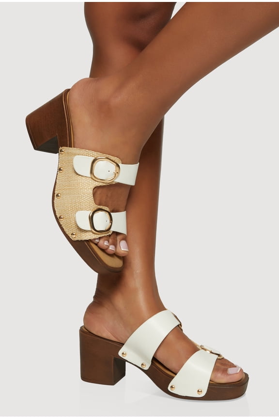 Women's Metallic Buckle Double Banded Open Toe Block Heels