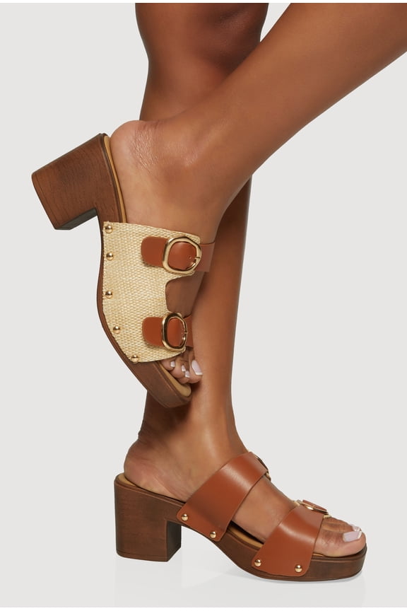 Women's Metallic Buckle Double Banded Open Toe Block Heels