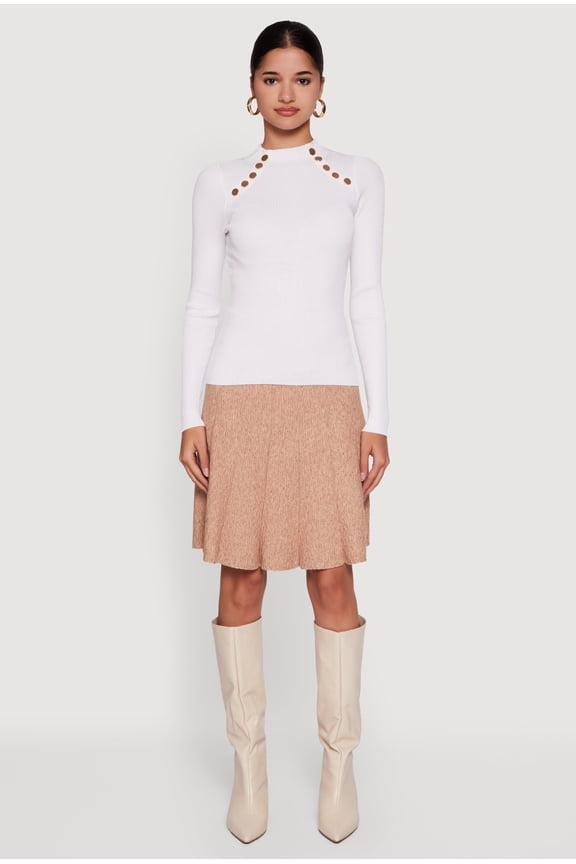 Women's Metallic Button Detail Rib Knit High Neck Sweater