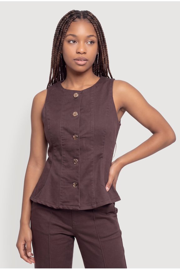 Women's Metallic Button Front Denim Blazer Vest