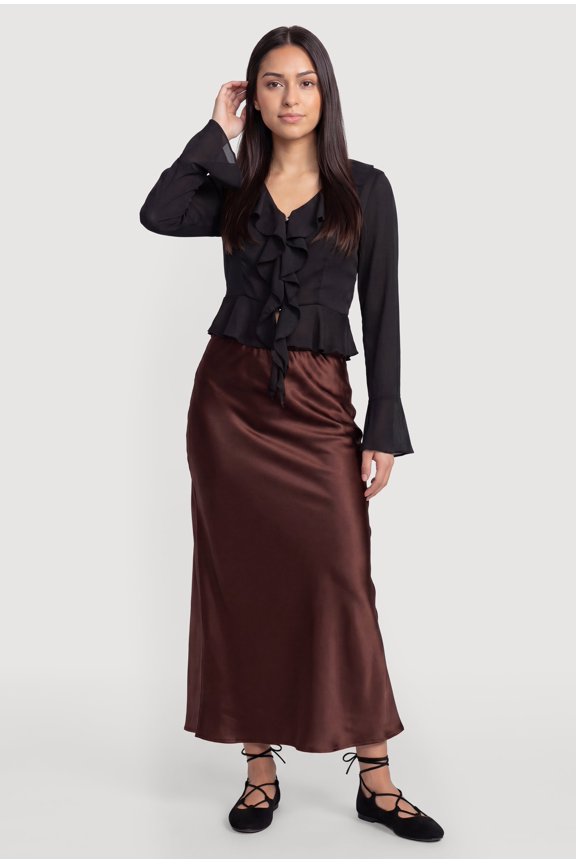 Women's Metallic Button Front Ruffle Trim Chiffon Crop Top