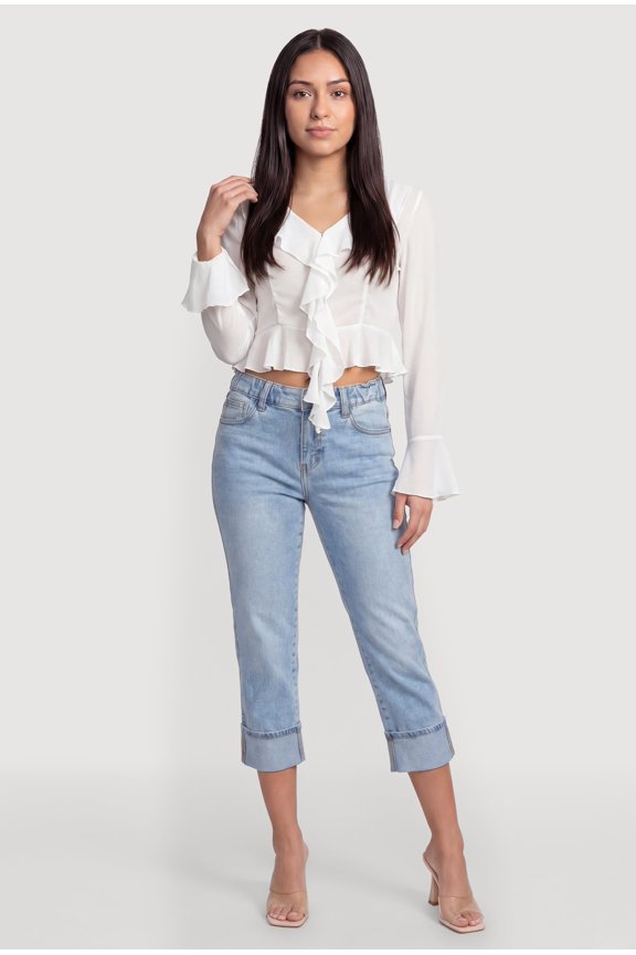 Women's Metallic Button Front Ruffle Trim Chiffon Crop Top