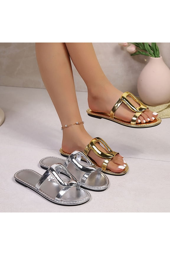 Women's Metallic Chain Accent Flat Slide Sandals Open Toe Casual Summer Dressy Flip Flops for Women Wide Width with Luxe Buckle Detail