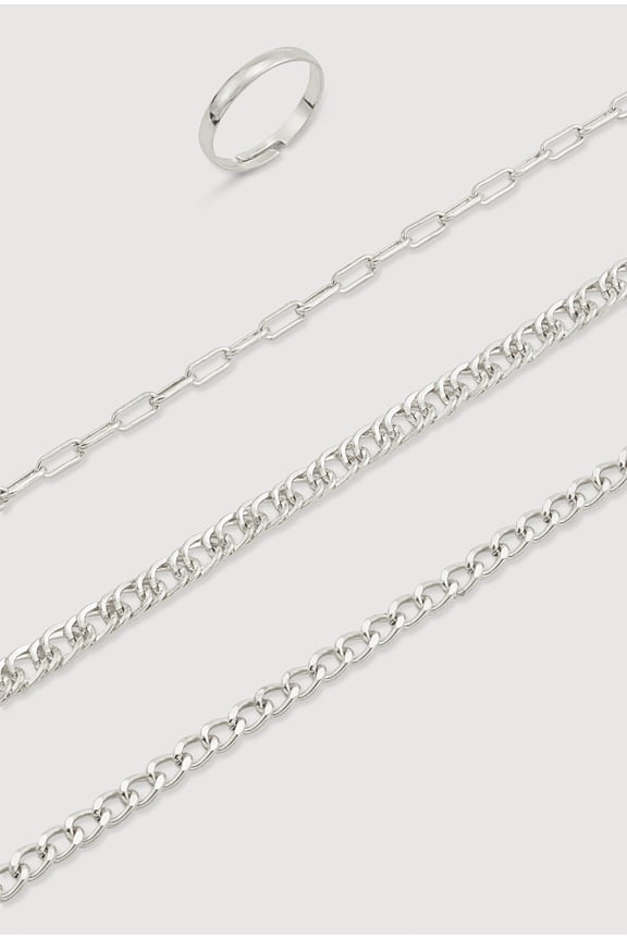 Women's Metallic Chain Anklet Trio with Toe Ring