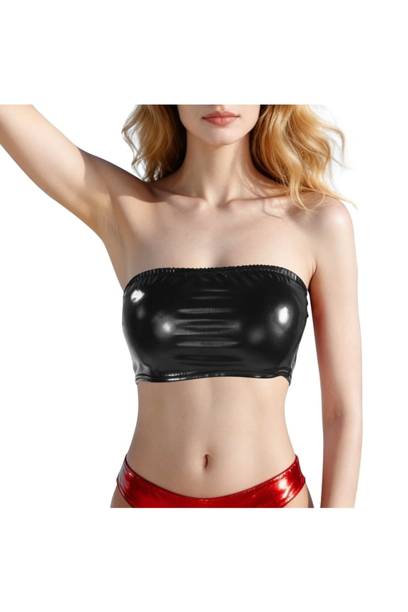 Women's Metallic Crop Top Shiny Holographic Strapless Tube Bra Tank Tops for Raves and Festivals and Costumes Dancing