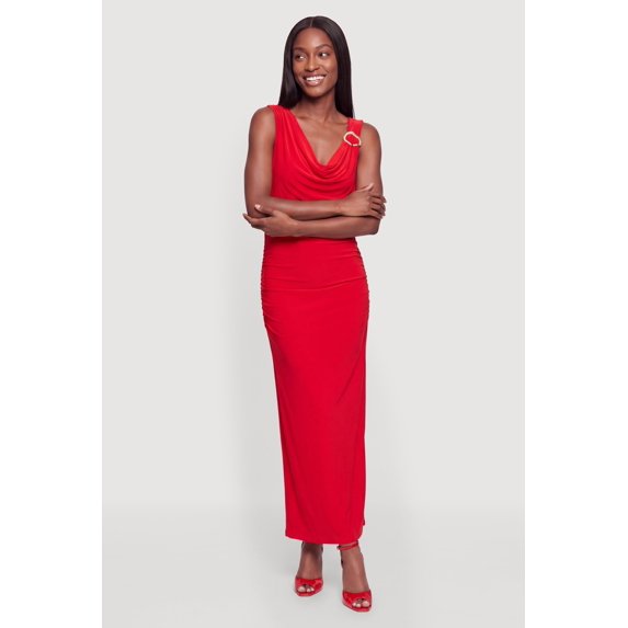 Women's Metallic Detail Cowl Neck Side Ruched Maxi Dress
