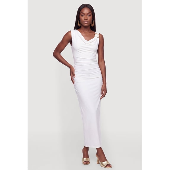 Women's Metallic Detail Cowl Neck Side Ruched Maxi Dress