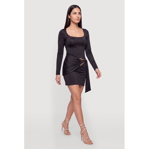 Women's Metallic Detail Long Sleeve Square Neck Mini Dress