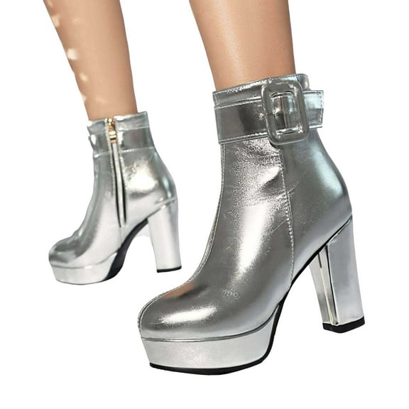 Women's Metallic Dress Boots Sparkly Buckle Leather Platform Ankle Booties Glitter Block High Heel Winter Fall Short Boots for Women 2025