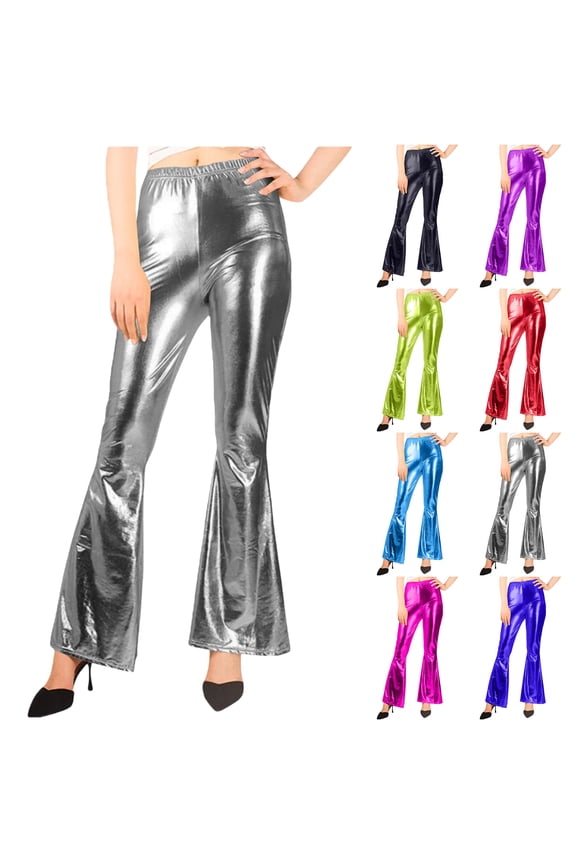 Women's Metallic Flare Pants, Stretchy High Waisted Bell Bottoms, Disco Party Costume Pants in Multiple Colors Long Pants