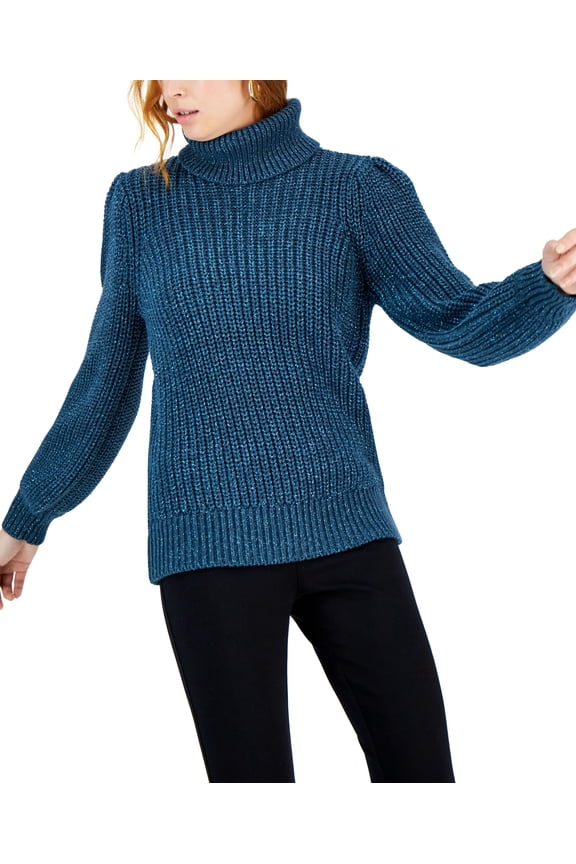 Women's Metallic-Flecked Turtleneck Sweater Teal Shine XL