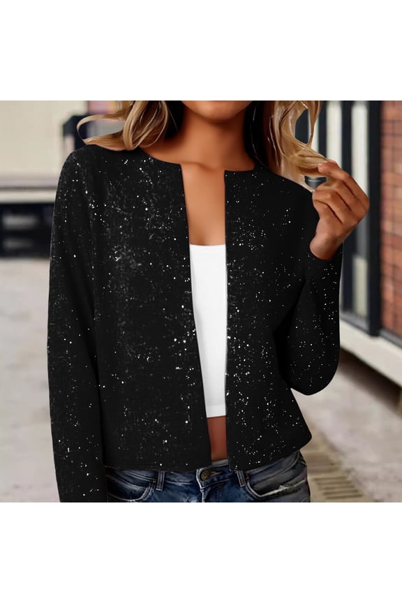Women's Metallic Foil Cardigan, Long Sleeve Open Front Glitter Jacket, Cropped Casual Coat, Date Night Top, Sparkly Outerwear Black M