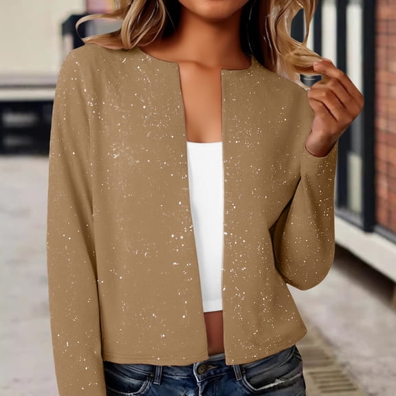 Women's Metallic Foil Cardigan, Long Sleeve Open Front Glitter Jacket, Cropped Casual Coat, Date Night Top, Sparkly Outerwear Khaki S