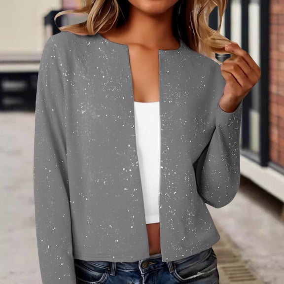 Women's Metallic Foil Cardigan, Long Sleeve Open Front Glitter Jacket, Cropped Casual Coat, Date Night Top, Sparkly Outerwear Light Ashy S