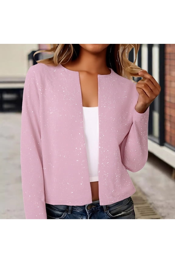 Women's Metallic Foil Cardigan, Long Sleeve Open Front Glitter Jacket, Cropped Casual Coat, Date Night Top, Sparkly Outerwear Pink XL