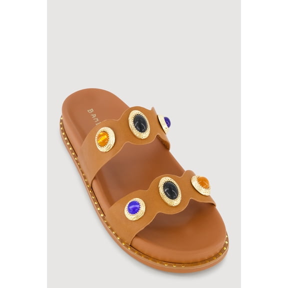 Women's Metallic Gemstone Pendant Double Band Footbed Sandals