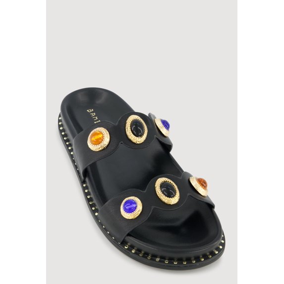 Women's Metallic Gemstone Pendant Double Band Footbed Sandals