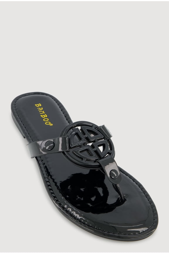 Women's Metallic Geometric Pendant Studded Thong Sandals