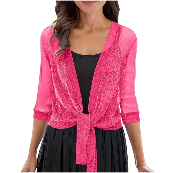 Women's Metallic Glitter Sheer Shrug - 3/4 Sleeve Tie Front Evening Wrap for Dresses, Lightweight Sparkling Bolero Beach Cover-Up