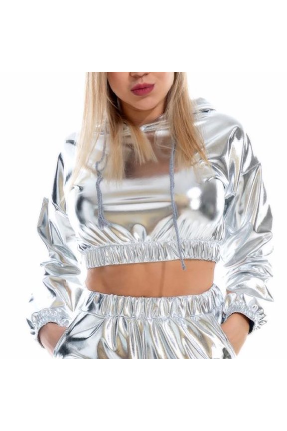 Women's Metallic Hooded Crop Pullover Long Sleeve Fall Wear Short Length Hoodie with Eye Catching Midriff Exposure