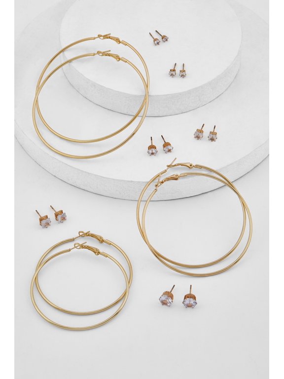 Women's Metallic Hoop and Cubic Zirconia Stud Earrings Set of 9