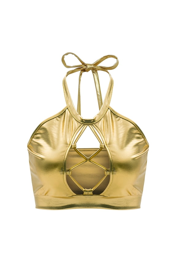 Women's Metallic Keyhole Cutout Backless Halter Rave Dance Crop Tube Top Bra Gold S