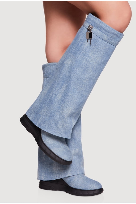 Women's Metallic Lock Charm Denim Fold Over Wedge Boots