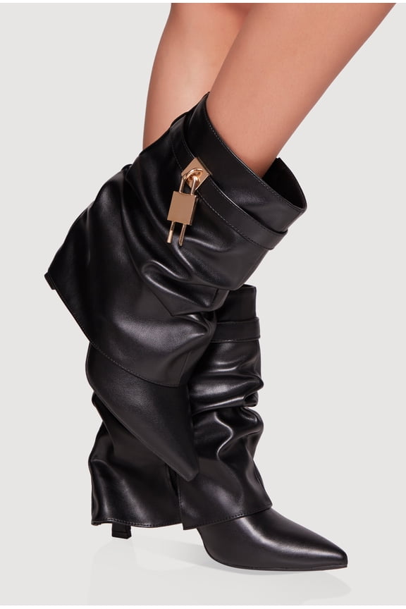 Women's Metallic Lock Charm Stiletto Pointy Toe Booties