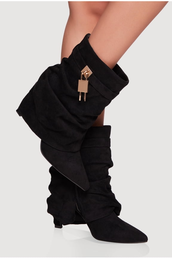 Women's Metallic Lock Charm Stiletto Pointy Toe Booties