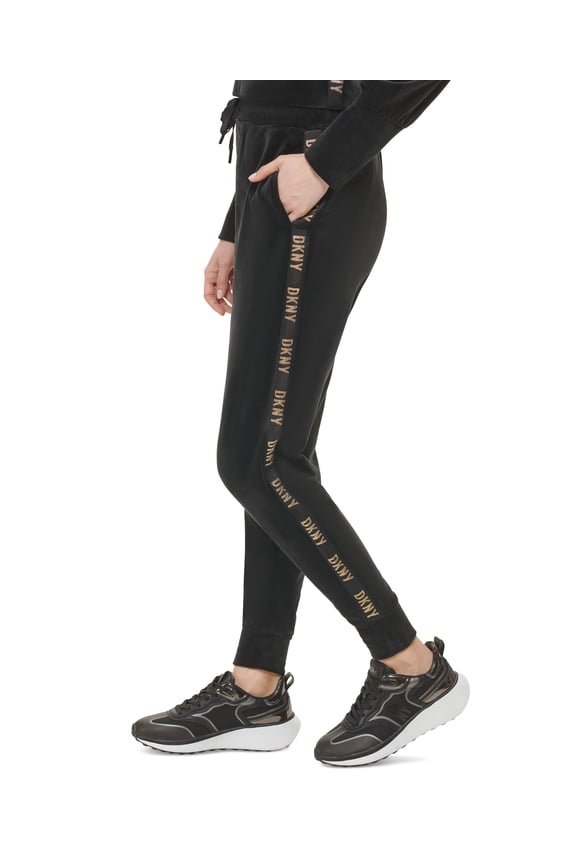 Women's Metallic Logo Trim Velour Jogger Pants Black/Gold XL