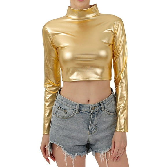 Women's Metallic Long Sleeve T-Shirt Shiny Stretch Neck Blouse Slim Fit Clubwear Party Top Fashionable Comfortable Stylish