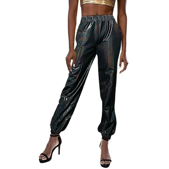 Women's Metallic Luster Jogging Pants Casual High Waisted Harlem Hop Streetwear Trousers with Shiny Finish(Color:Black,Size:S)