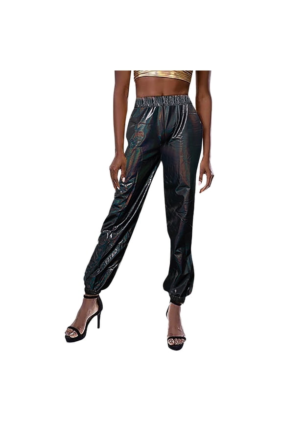 Women's Metallic Luster Jogging Pants Casual High Waisted Harlem Hop Streetwear Trousers with Shiny Finish(Color:Black,Size:S)