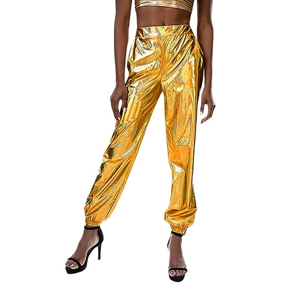 Women's Metallic Luster Jogging Pants Casual High Waisted Harlem Hop Streetwear Trousers with Shiny Finish(Color:Gold,Size:XXL)