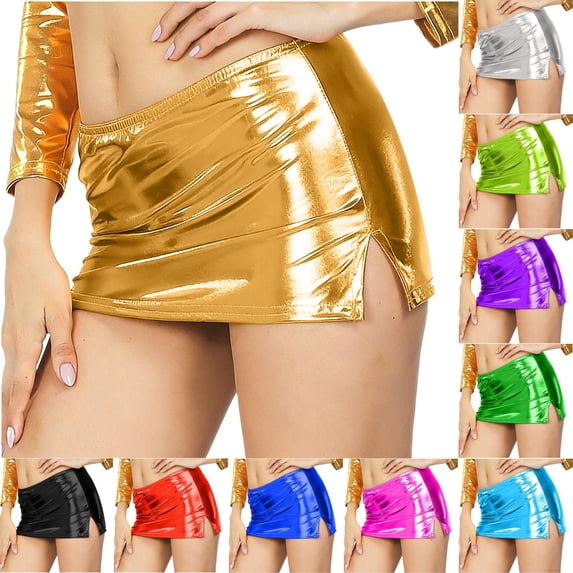 Women's Metallic Mini Skirt Shiny Bodycon Ruched Micro Short Skirt Wet Look Dance Clubwear Night Costume Slit Silver
