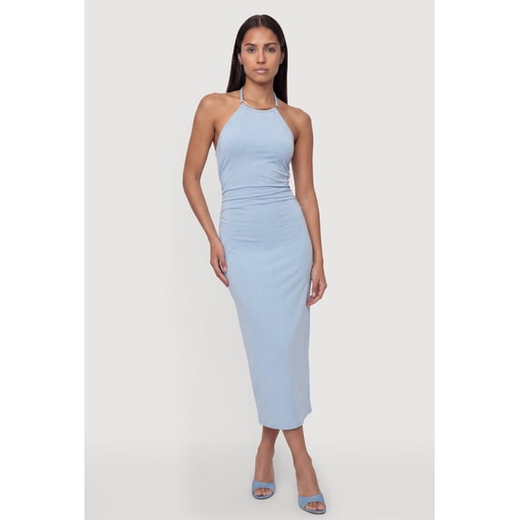 Women's Metallic Neck Detail Side Ruched Midi Dress