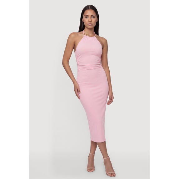 Women's Metallic Neck Detail Side Ruched Midi Dress